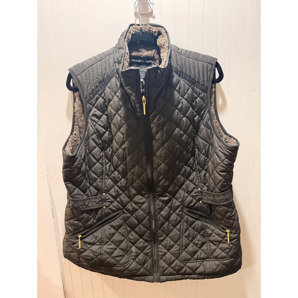 Weatherproof Women Quilted Vest Olive Green Faux‎ Fur Lined Full Zip Size Large
